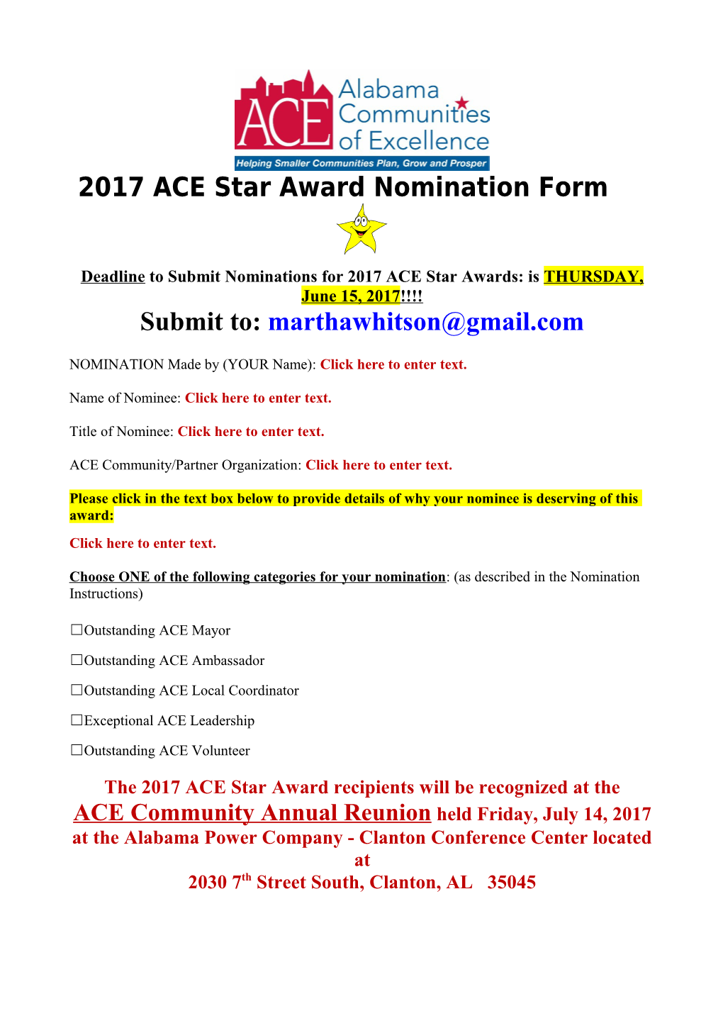Deadline to Submit Nominations for 2017 ACE Star Awards: Is THURSDAY, June 15, 2017
