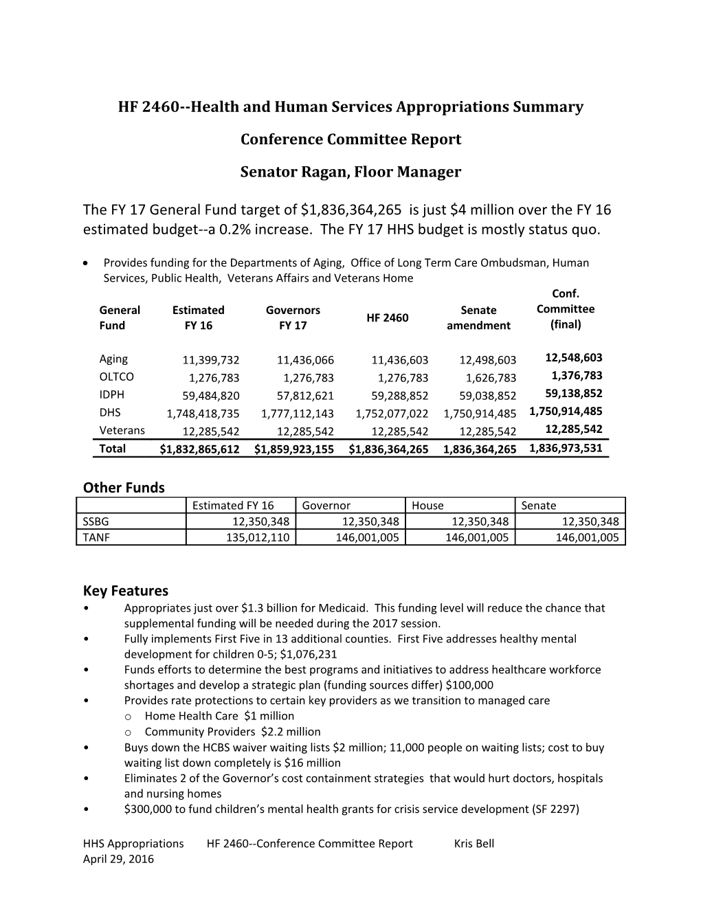 HF 2460 Health and Human Services Appropriations Summary
