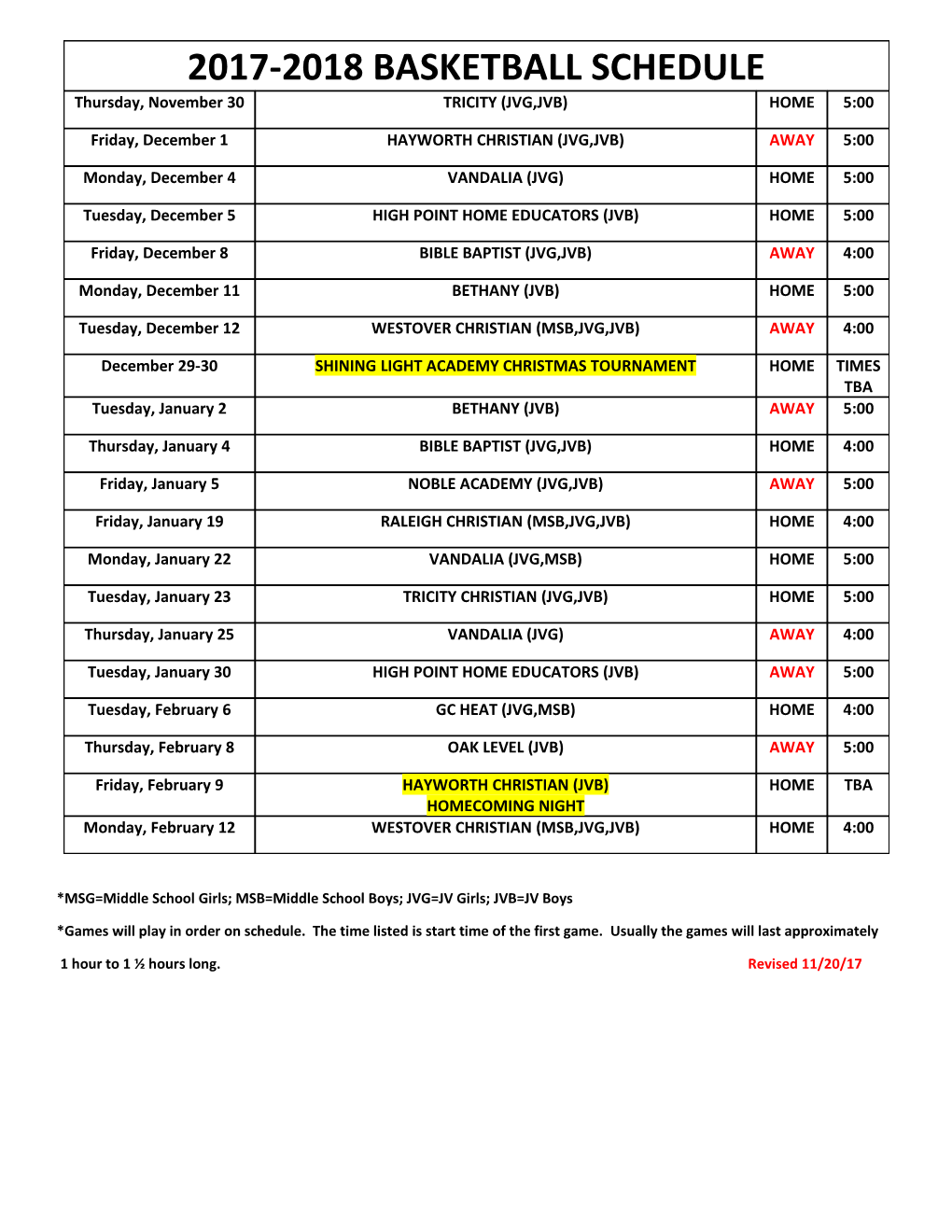 2017-2018 Basketball Schedule