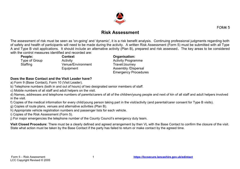 Risk Assessment for Educational Visits
