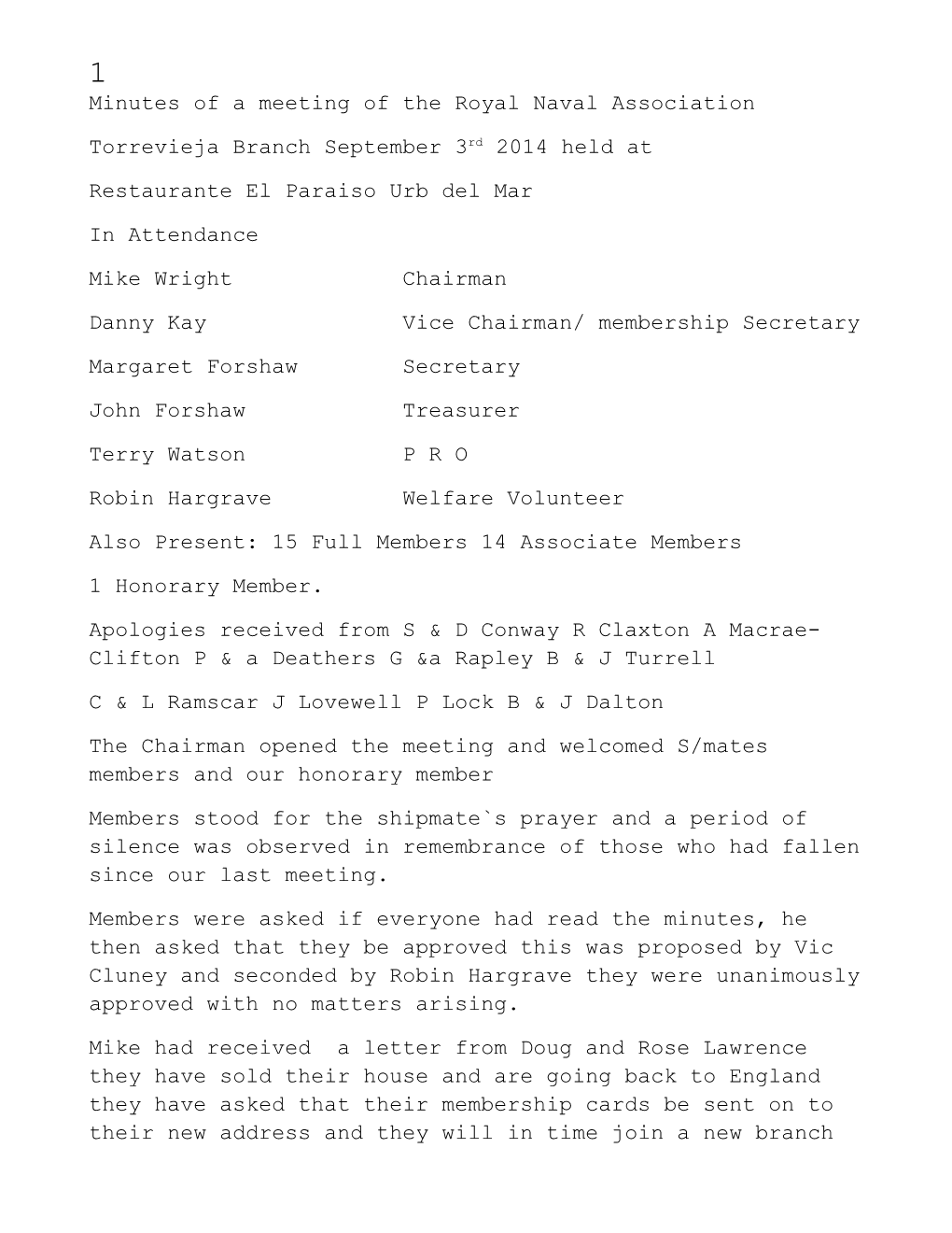 Minutes of a Meeting of the Royal Naval Association