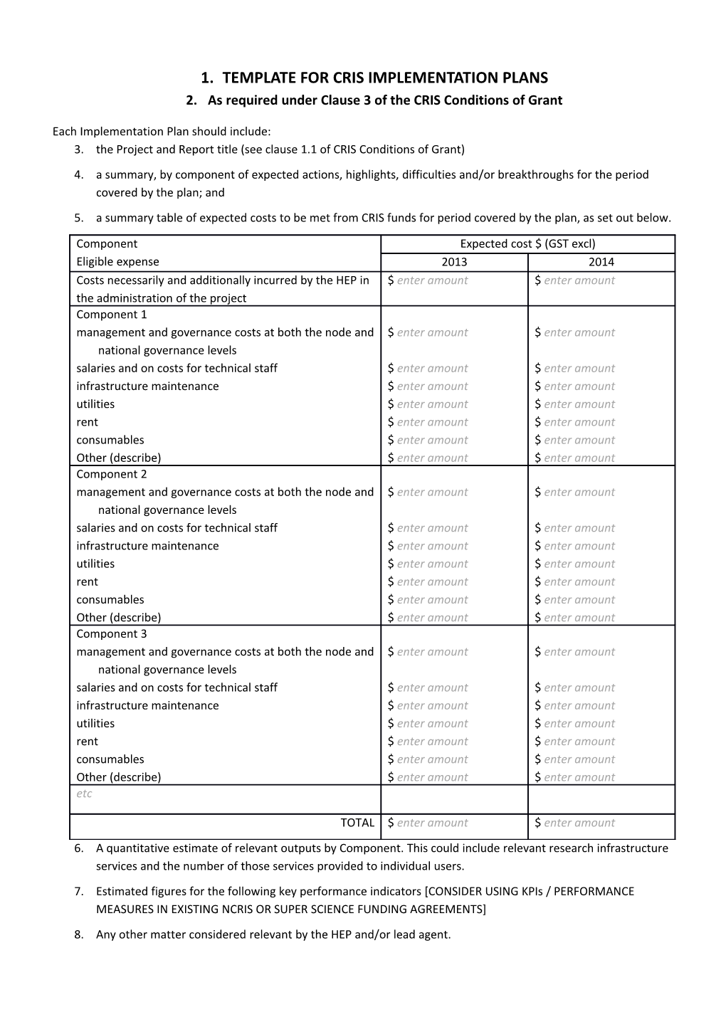 Template for CRIS Implementation Plans