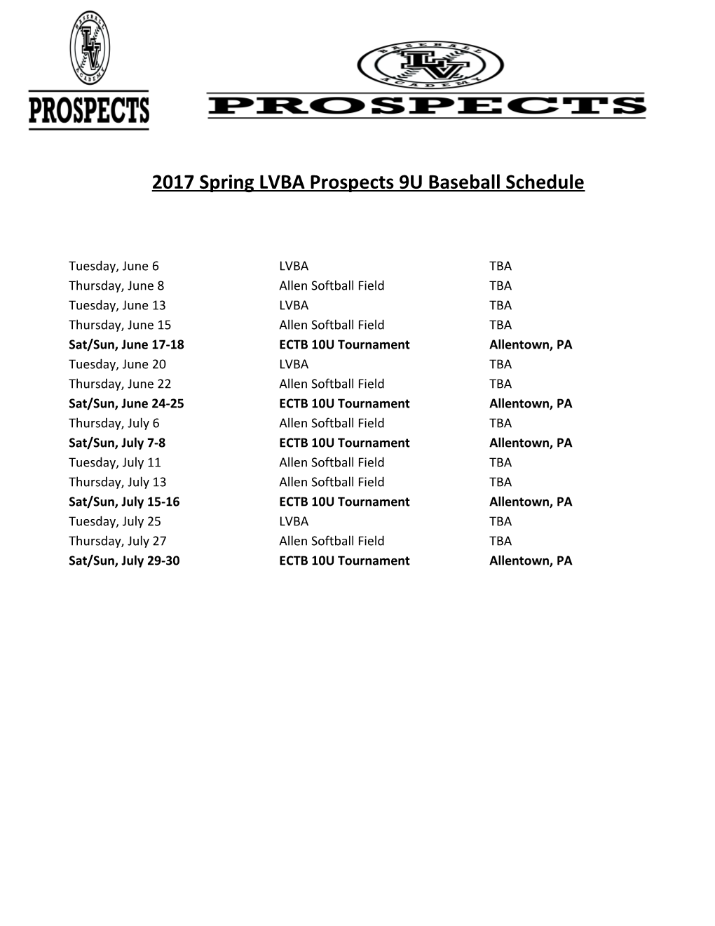 2017 Spring LVBA Prospects 9U Baseball Schedule