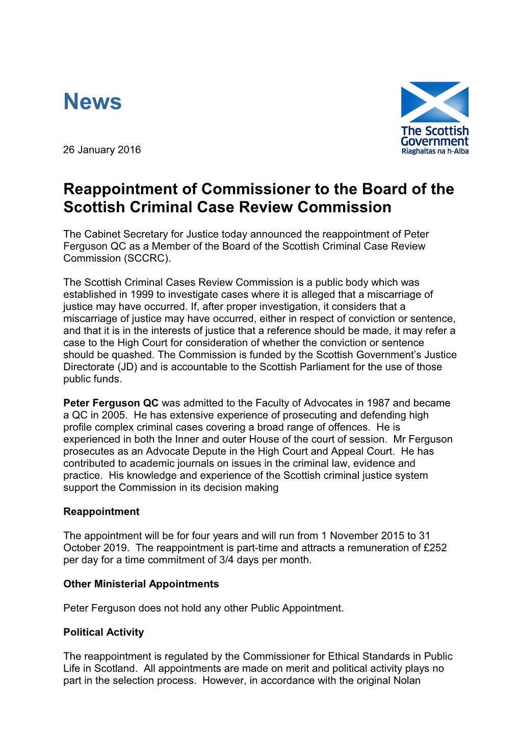 Reappointment of Commissioner to the Board of the Scottish Criminal Case Review Commission