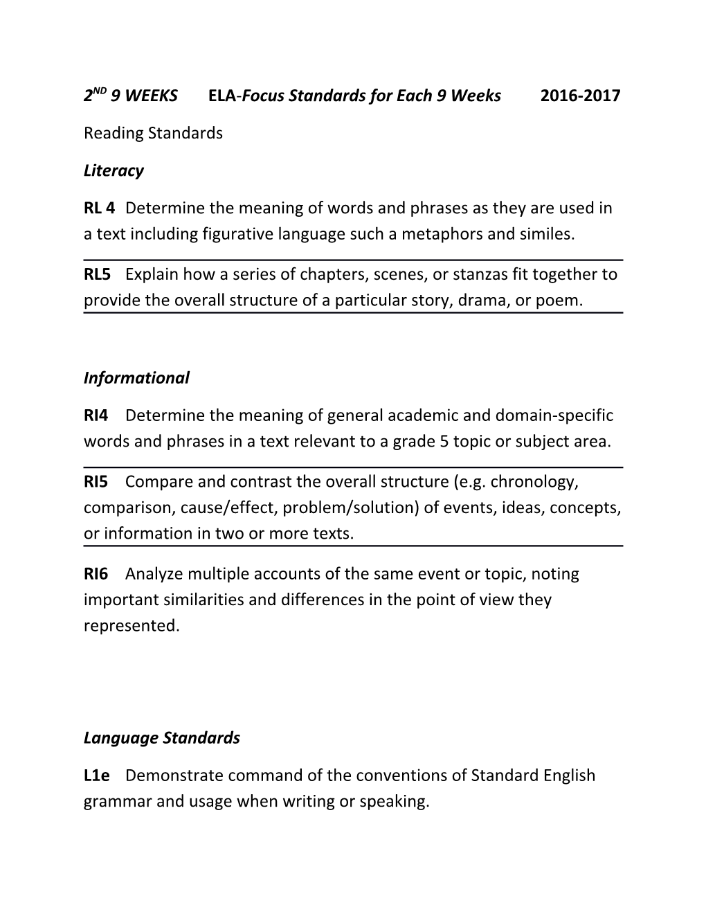 2ND9 WEEKSELA-Focus Standards for Each 9 Weeks2016-2017