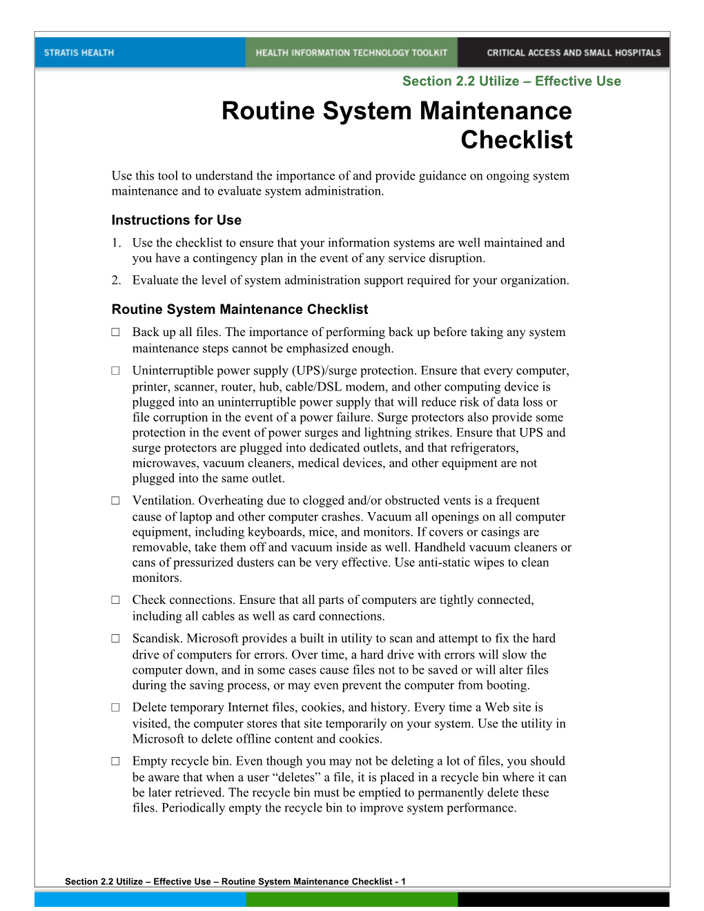 Section 2.2 Utilize Effective Use Routine System Maintenance Checklist - 1