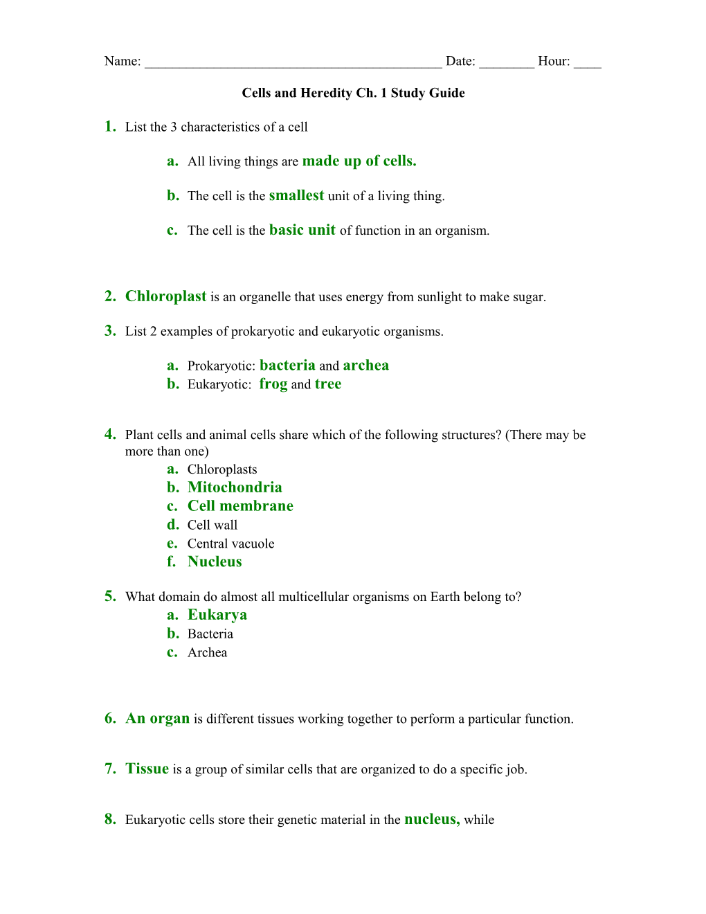 Cells and Heredity Ch. 1 Study Guide