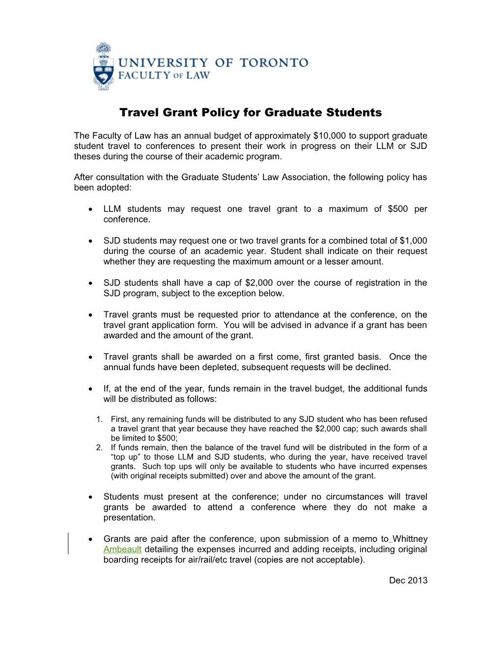 Travel Grant Policy for Graduate Students