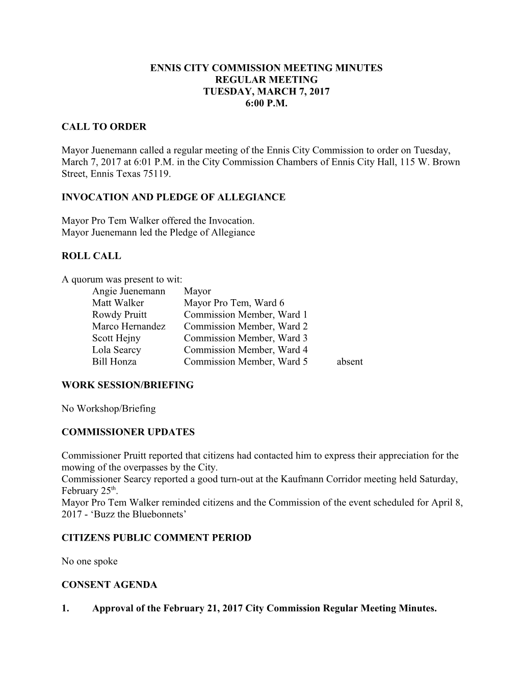 Ennis City Commission Meeting Minutes