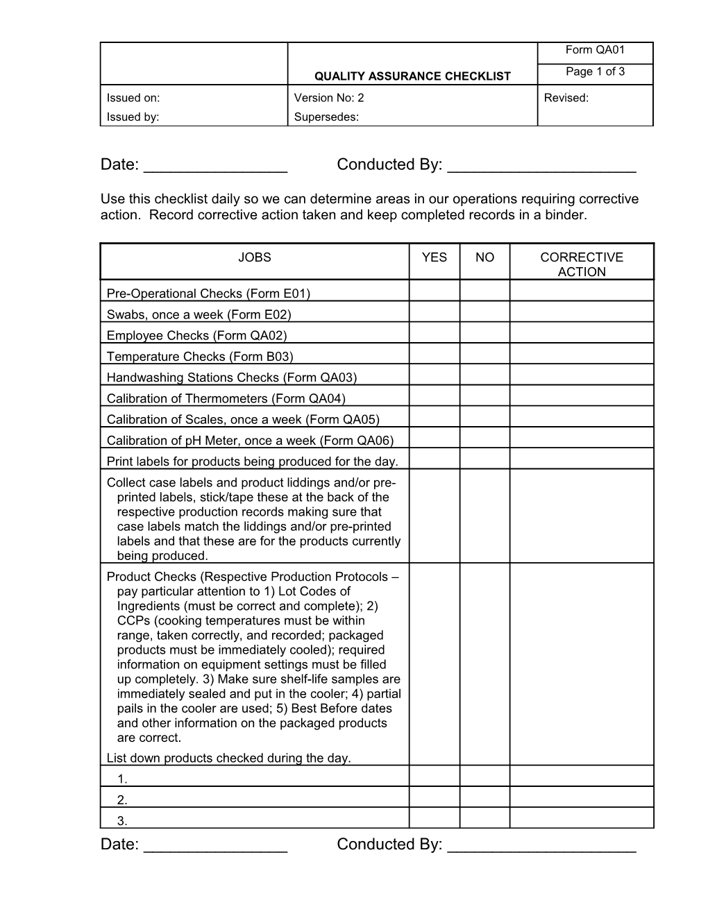 Use This Checklist Daily So We Can Determine Areas in Our Operations Requiring Corrective