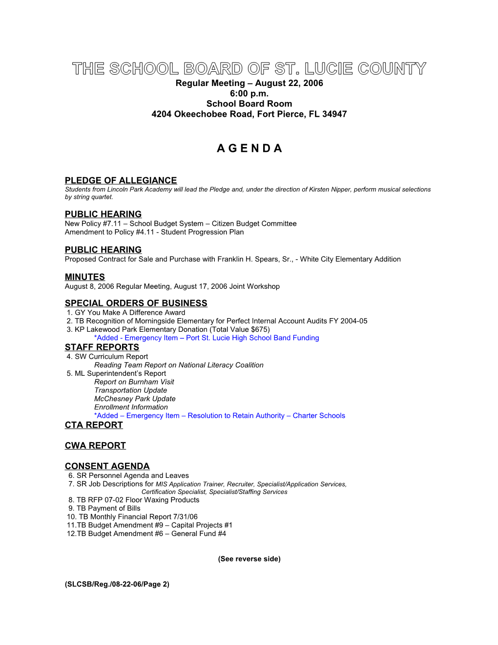 08-22-06 SLCSB Regular Meeting Agenda - Final