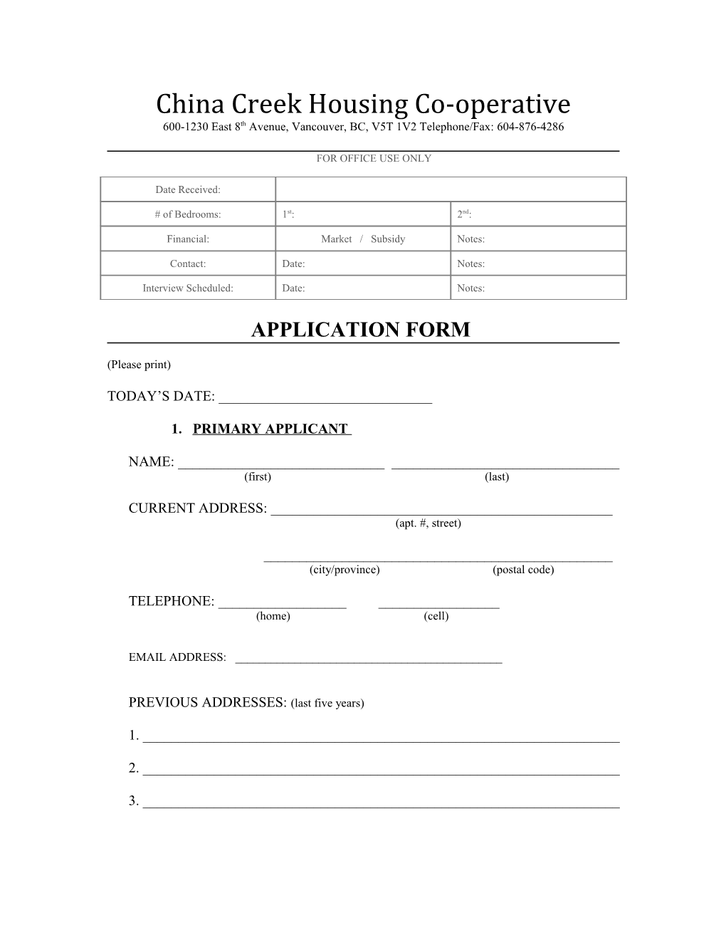 China Creek Housing Co-Operative Application Form