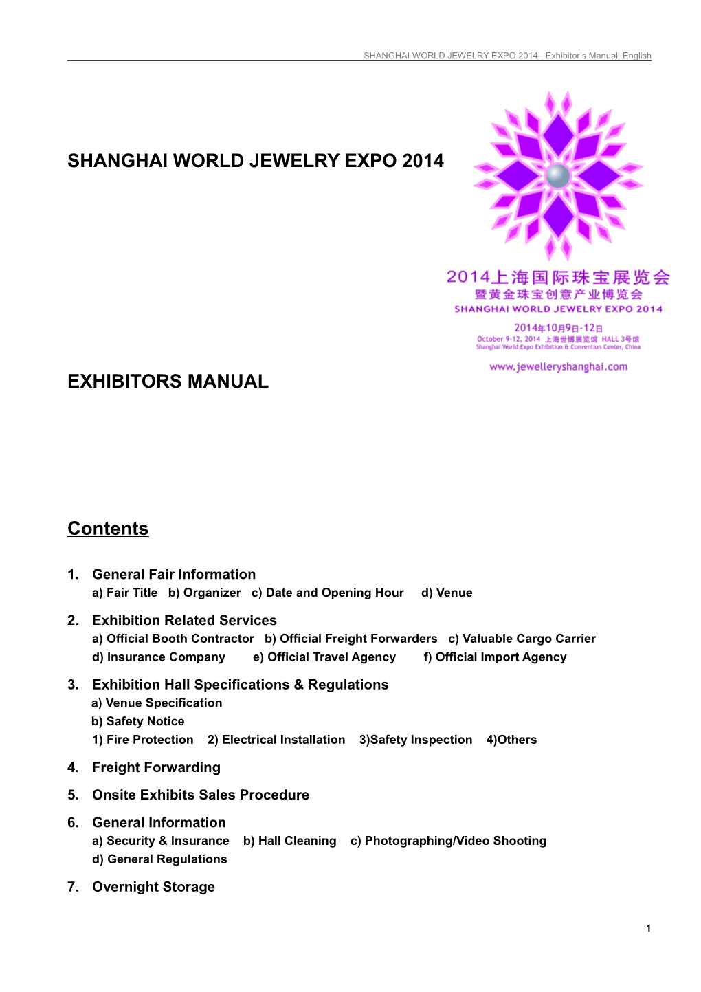 SHANGHAI WORLD JEWELRY EXPO 2014 Exhibitor S Manual English