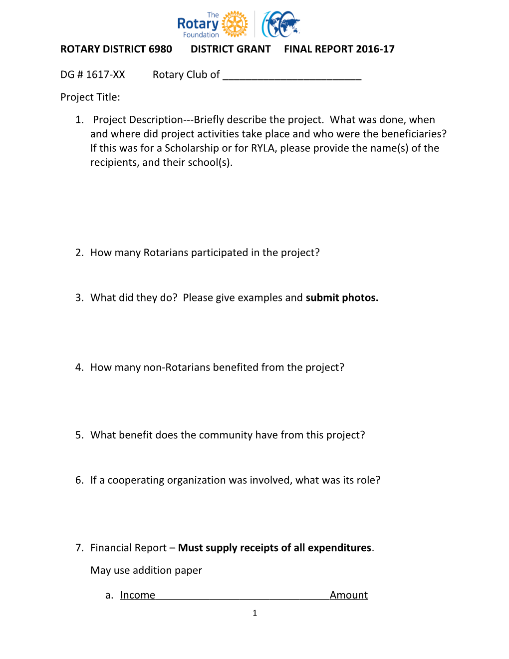 Rotary District 6980 District Grant Final Report 2016-17