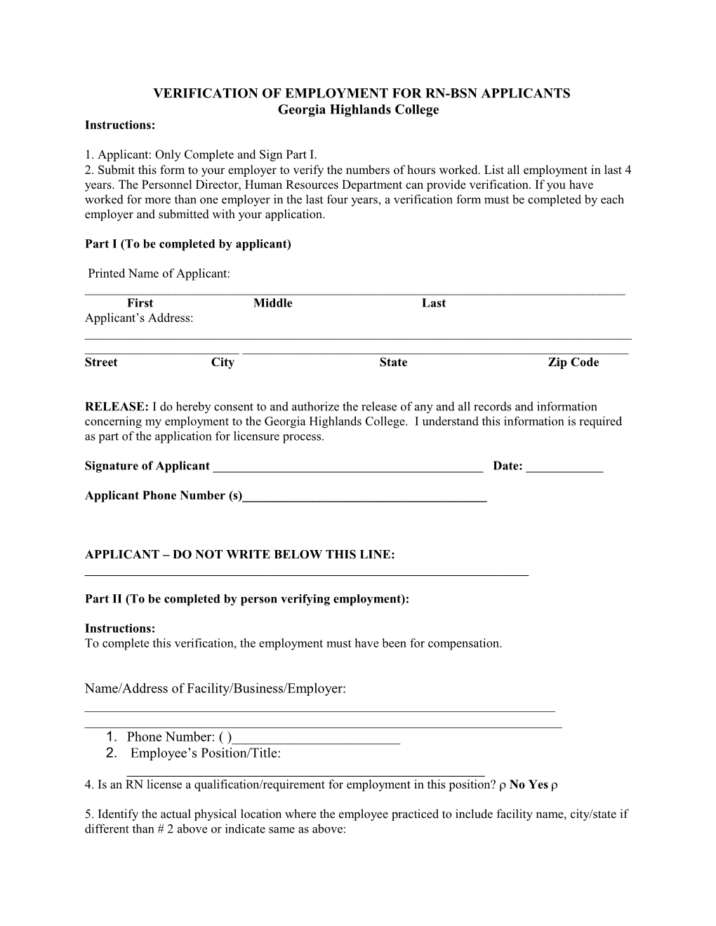 VERIFICATION of EMPLOYMENT for RN-BSN APPLICANTS Georgia Highlands College