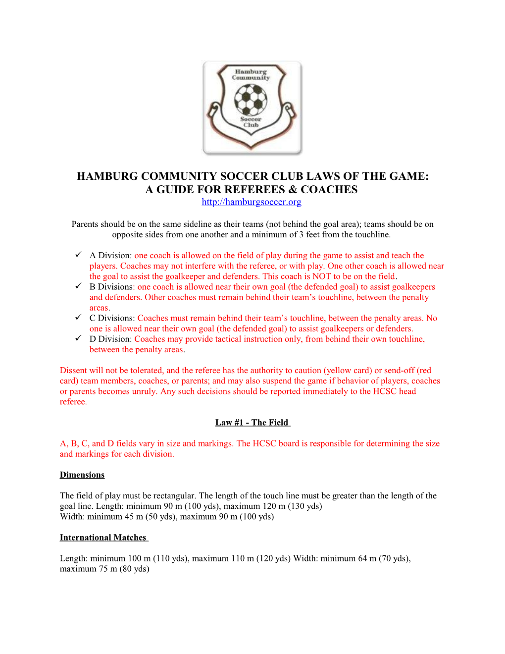 Hamburg Community Soccer Club Laws of the Game