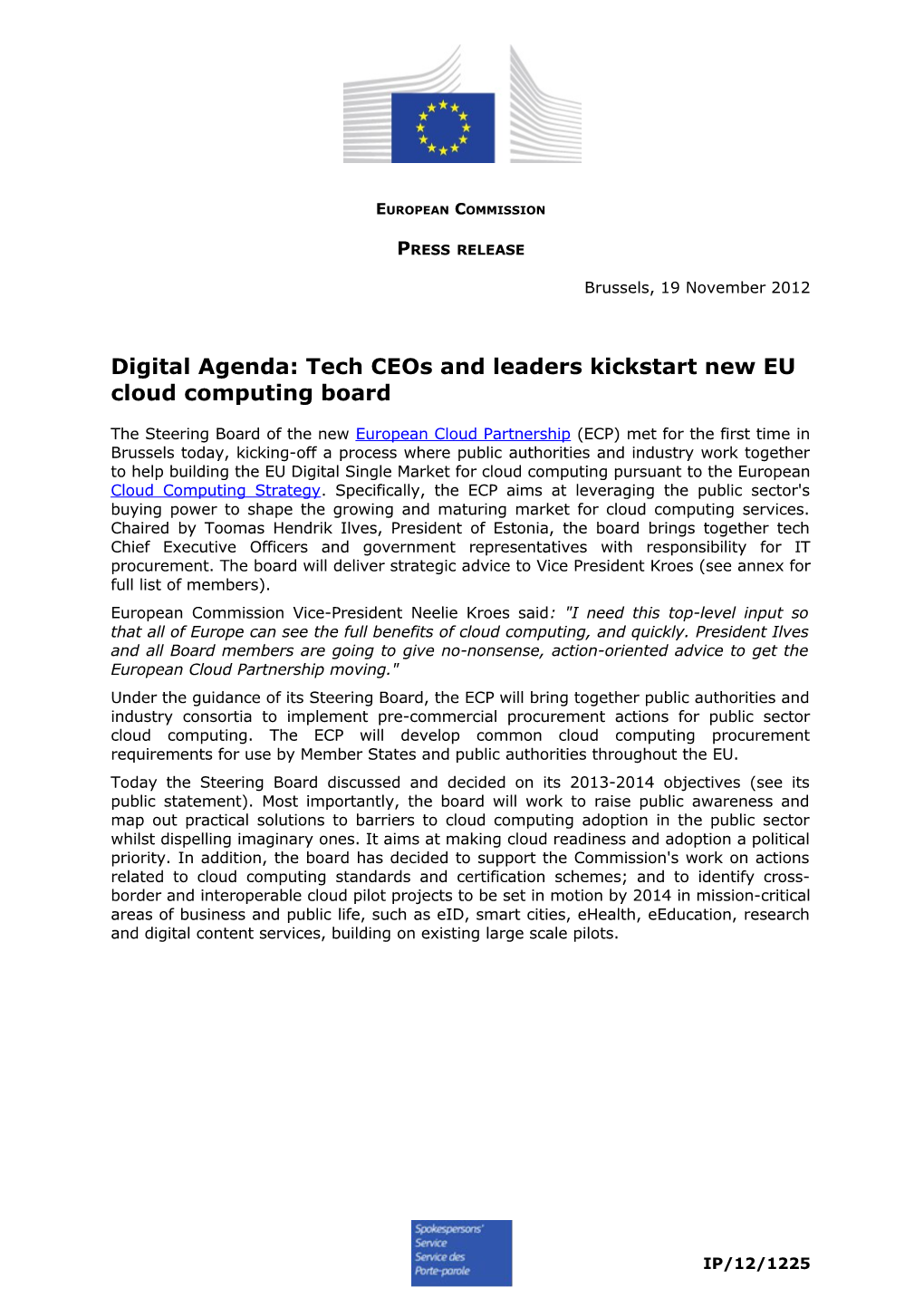 Digital Agenda: Tech Ceos and Leaders Kickstart New EU Cloud Computing Board