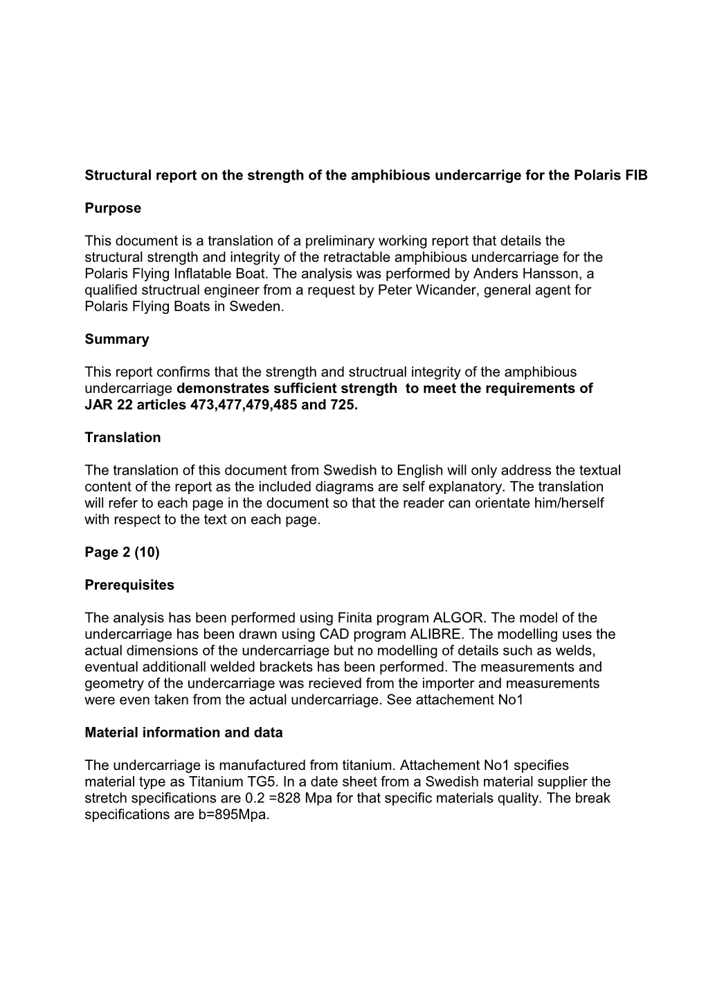 Structural Report on the Strength of the Amphibious Undercarrige for the Polaris FIB