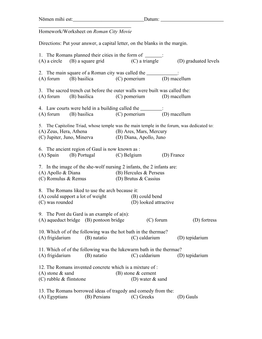 Homework/Worksheet on Roman City Movie