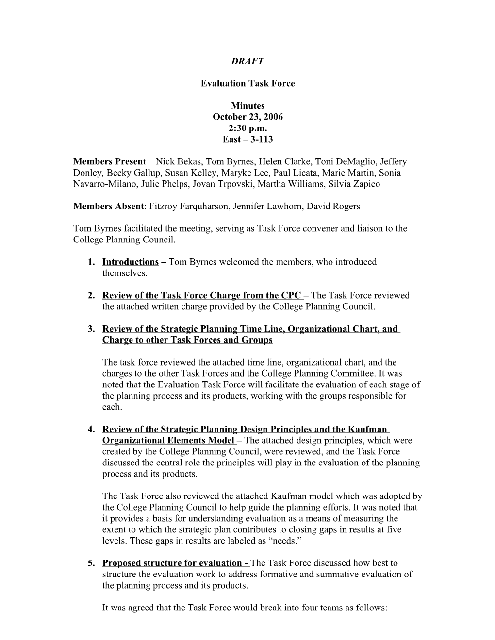 Evaluation Task Force Minutes, October 23, 2006