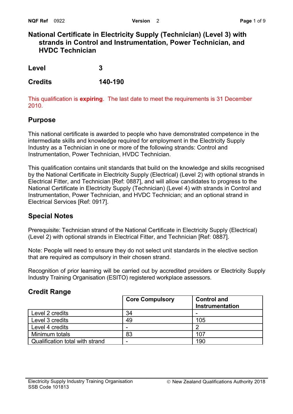 0922 National Certificate in Electricity Supply (Technician) (Level 3) with Strands In