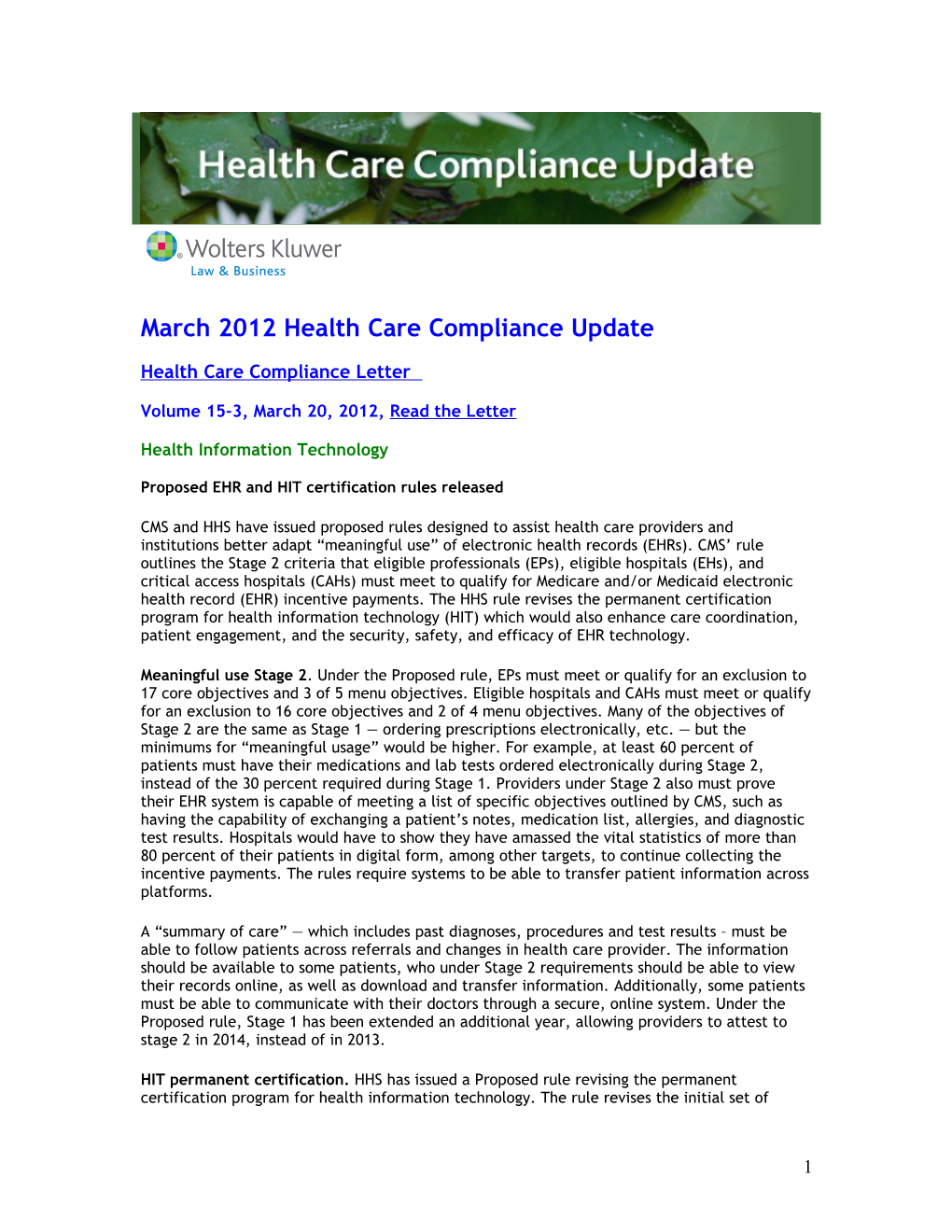 March 2012 Health Care Compliance Update