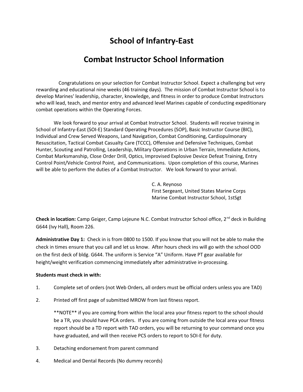 Combat Instructor School Information