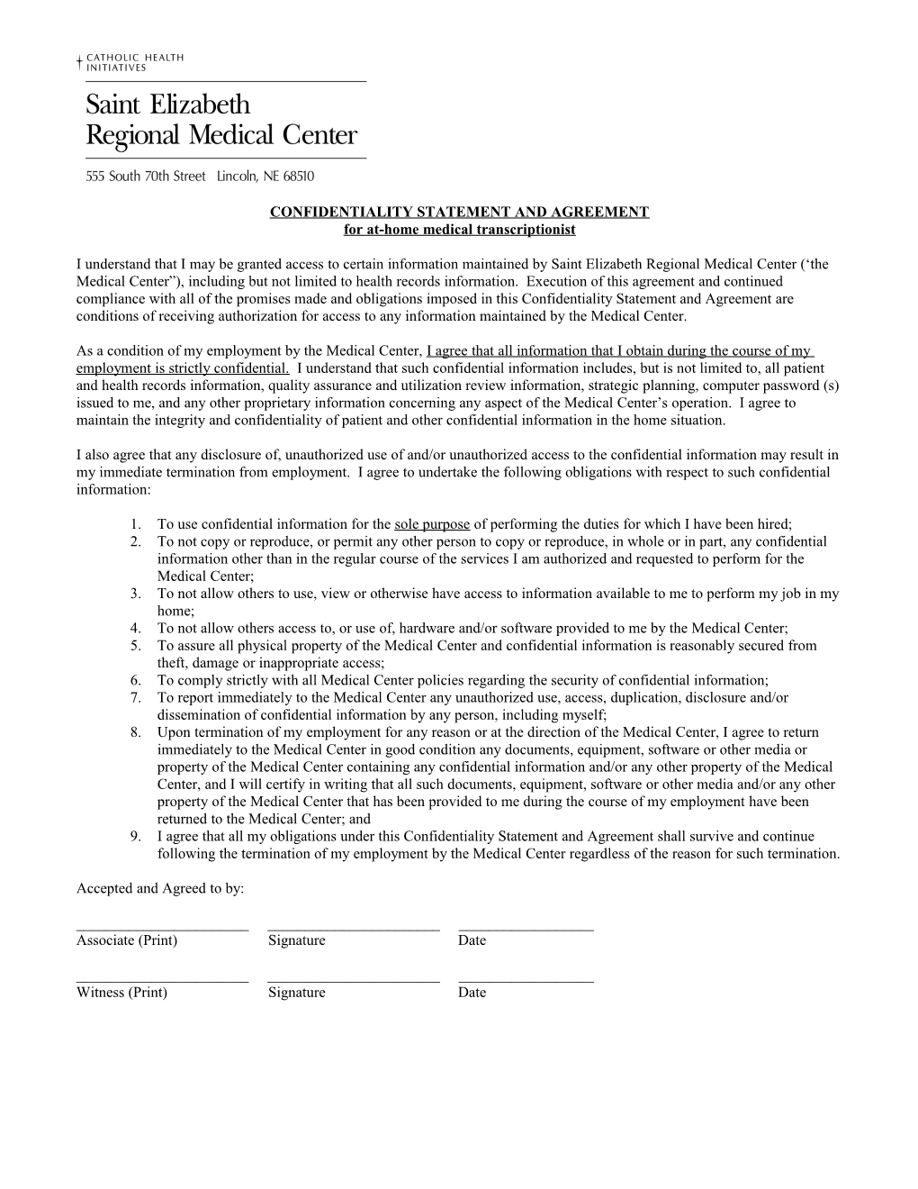 Confidentiality Statement and Agreement