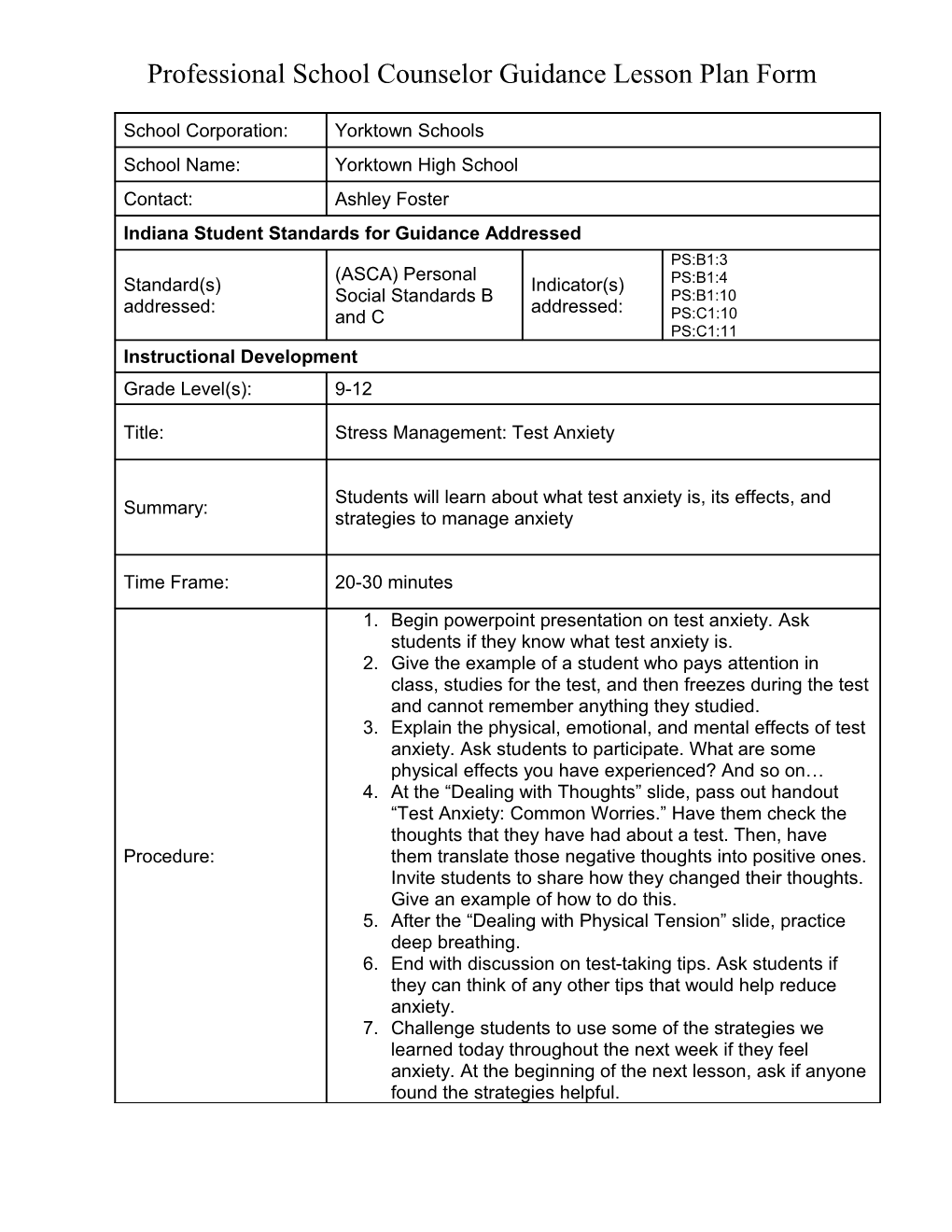 Professional School Counselor Guidance Lesson Plan Form