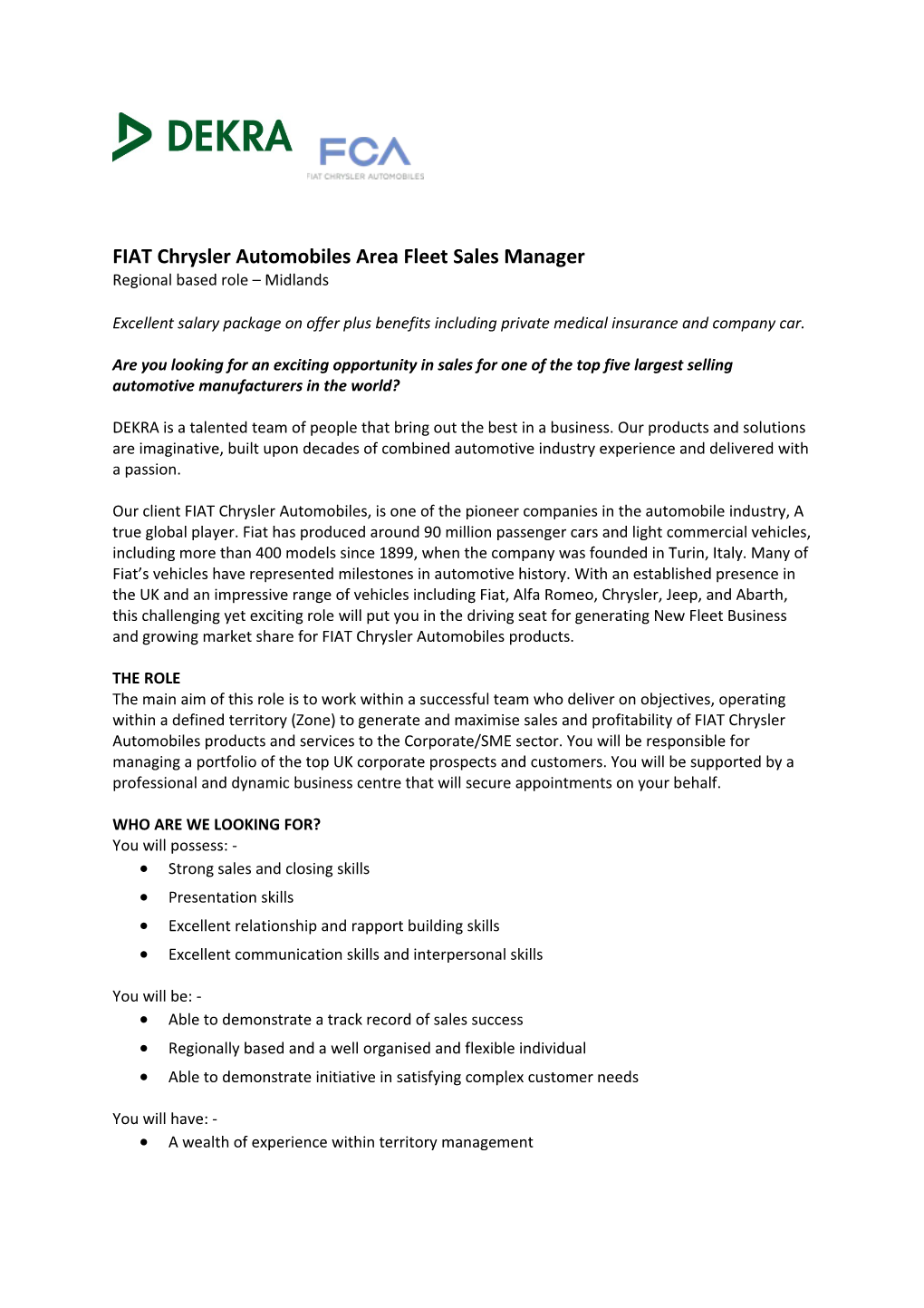 FIAT Chrysler Automobiles Area Fleet Sales Manager