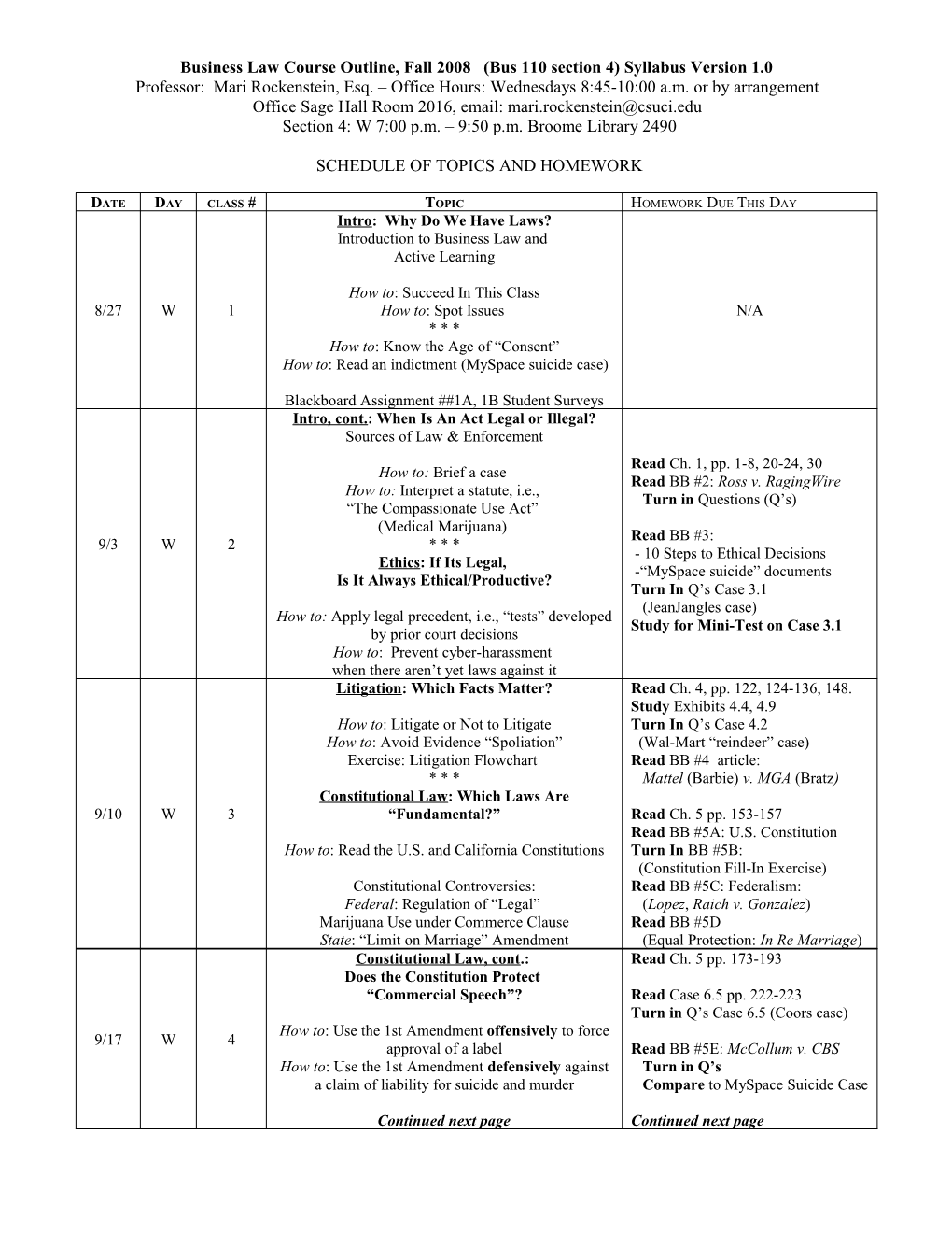Business Law Course Outline, Fall 2008 (Bus 110 Section 4) Syllabus Version 1.0