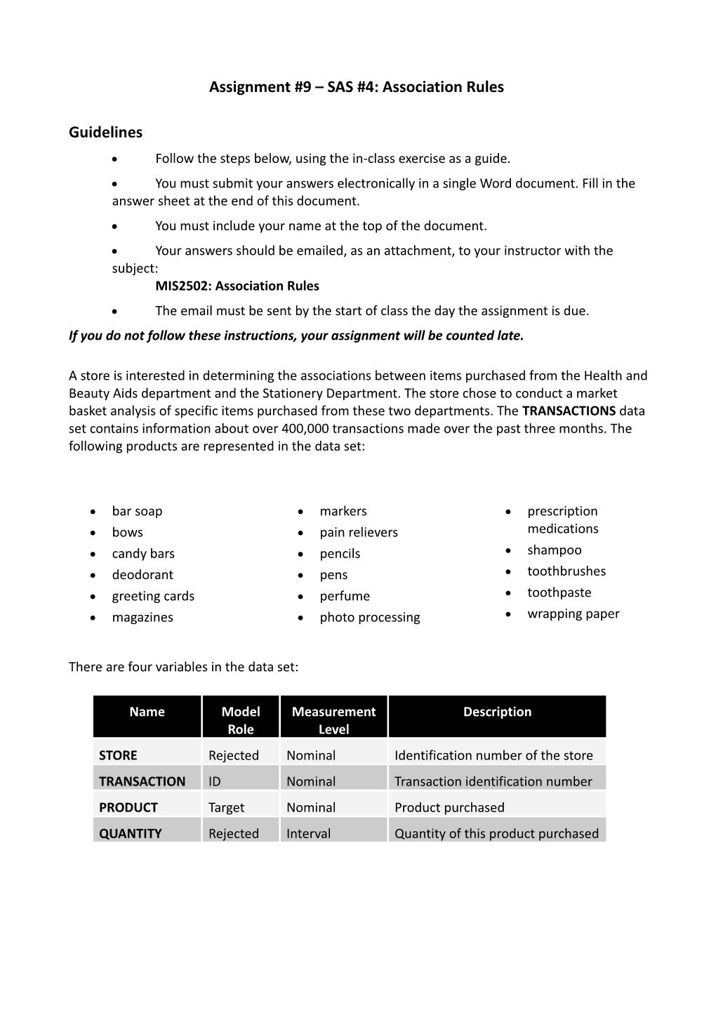 Assignment #9 SAS #4: Association Rules