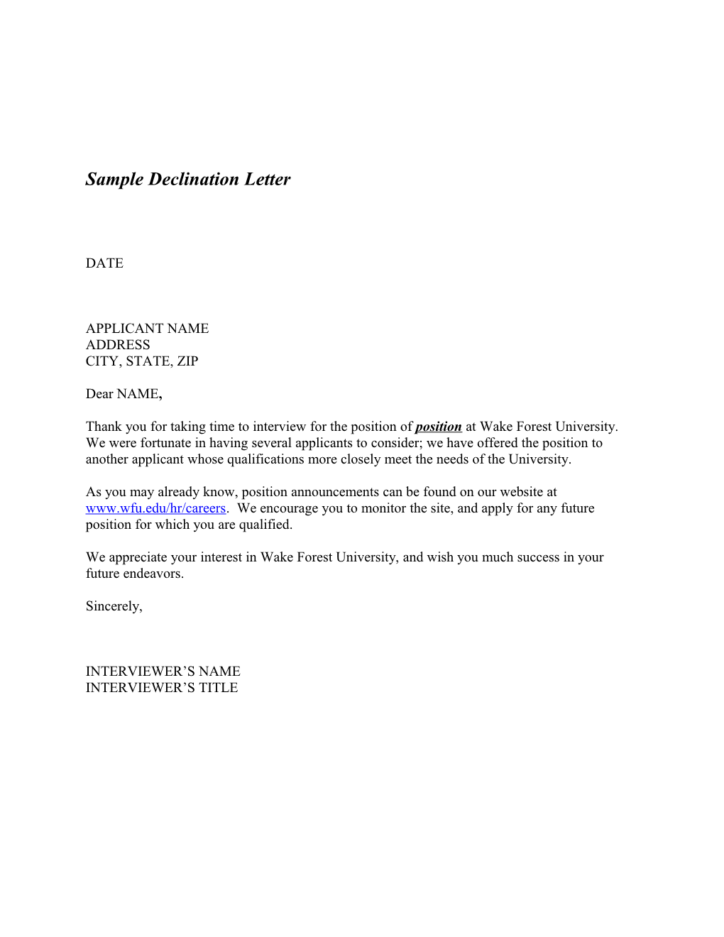 Sample Declination Letter