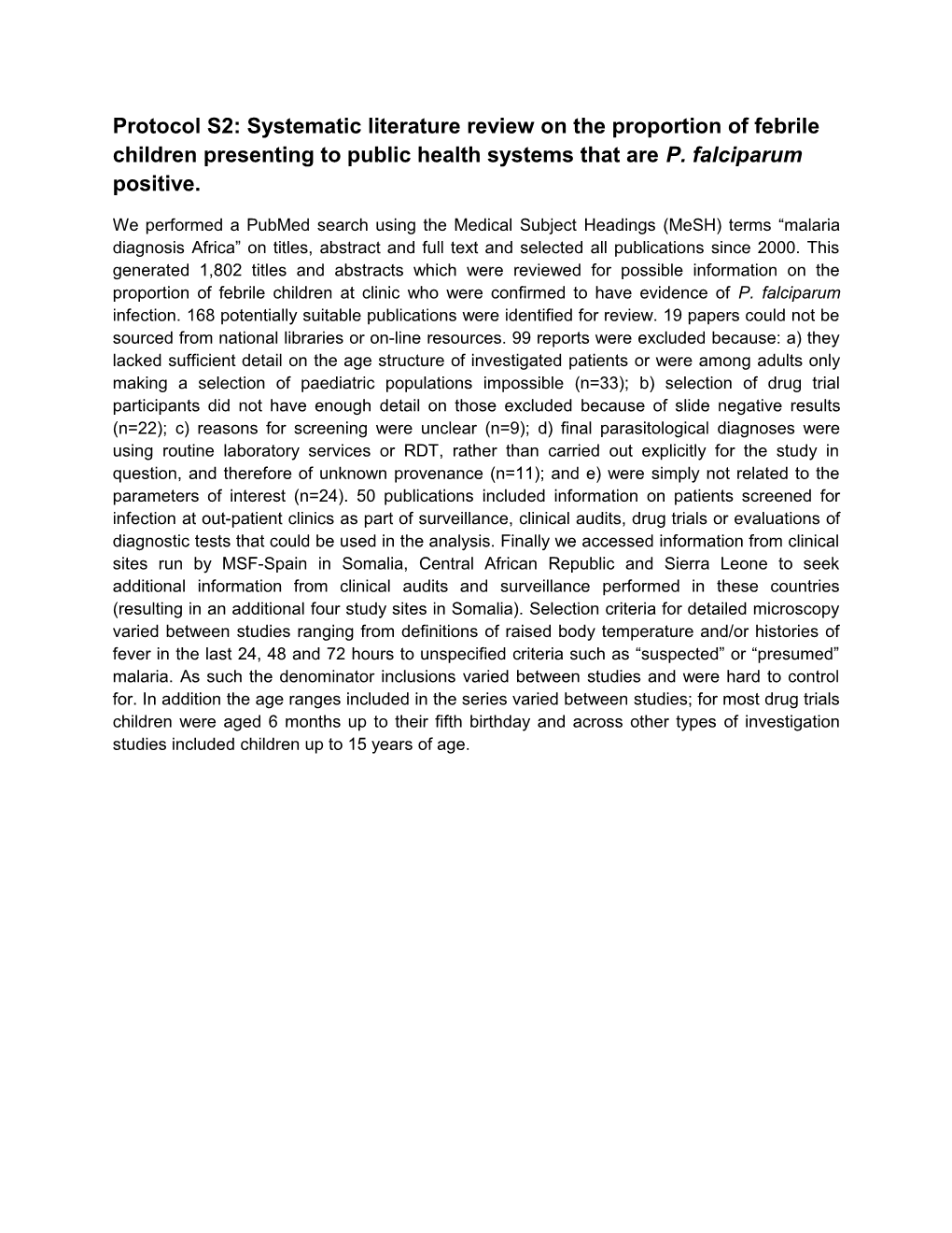 Protocol S2: Systematic Literature Review on the Proportion of Febrile Children Presenting