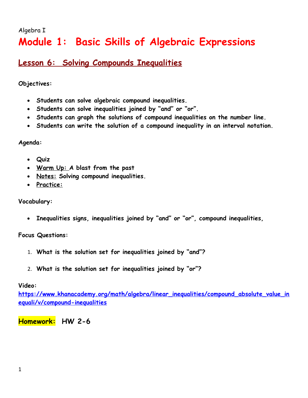 Module 1: Basic Skills of Algebraic Expressions