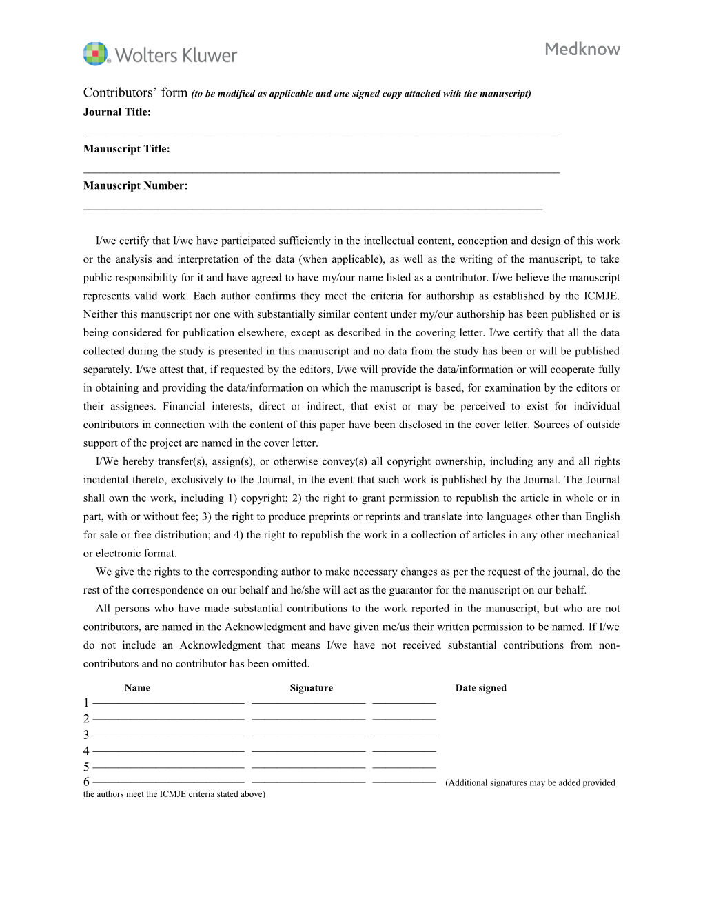 Contributors Form (To Be Modified As Applicable and One Signed Copy Attached with The