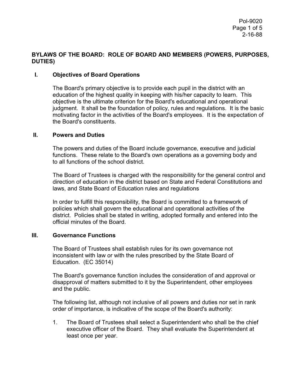 Bylaws of the Board: Role of Board and Members (Powers, Purposes, Duties)