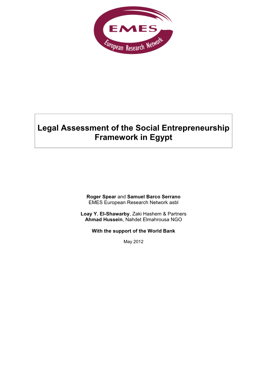 Legal Assessment of the Social Entrepreneurship Framework in Egypt