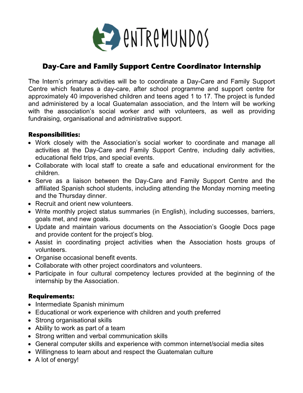 Day-Care and Family Support Centre Coordinator Internship