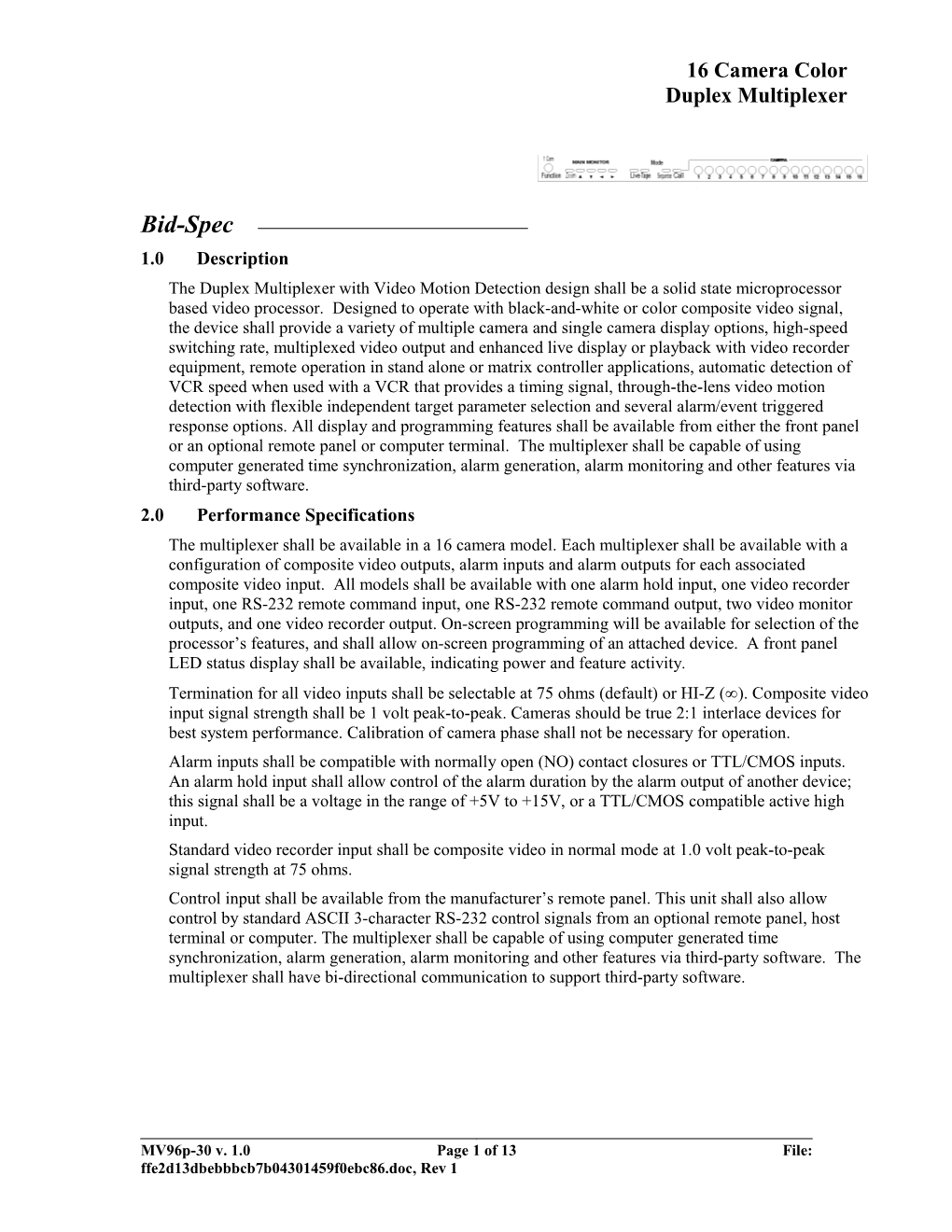 Architect & Engineer Specification 16 Camera Color Duplex Multiplexer