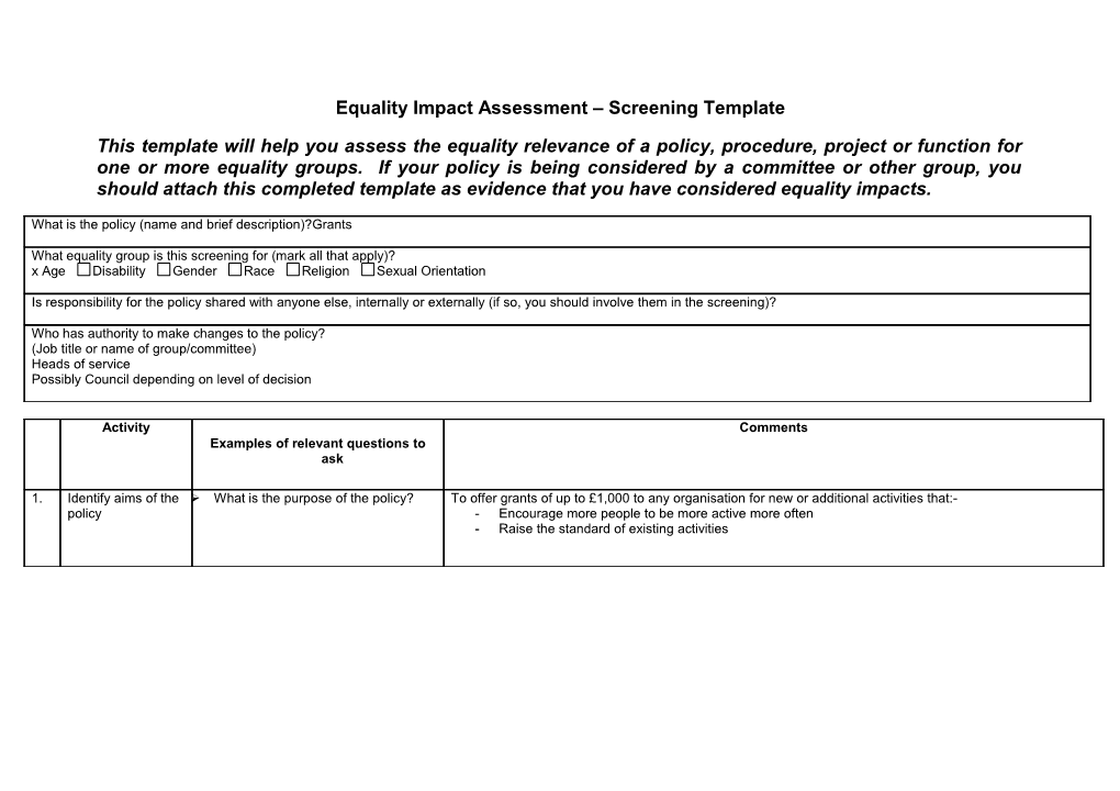 Equality Impact Assessment Screening Template