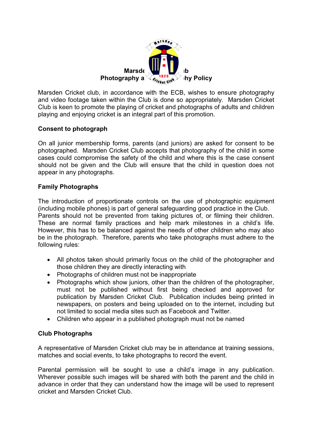 Photography and Videography Policy