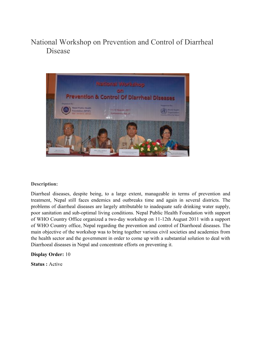 National Workshop on Prevention and Control of Diarrheal Disease