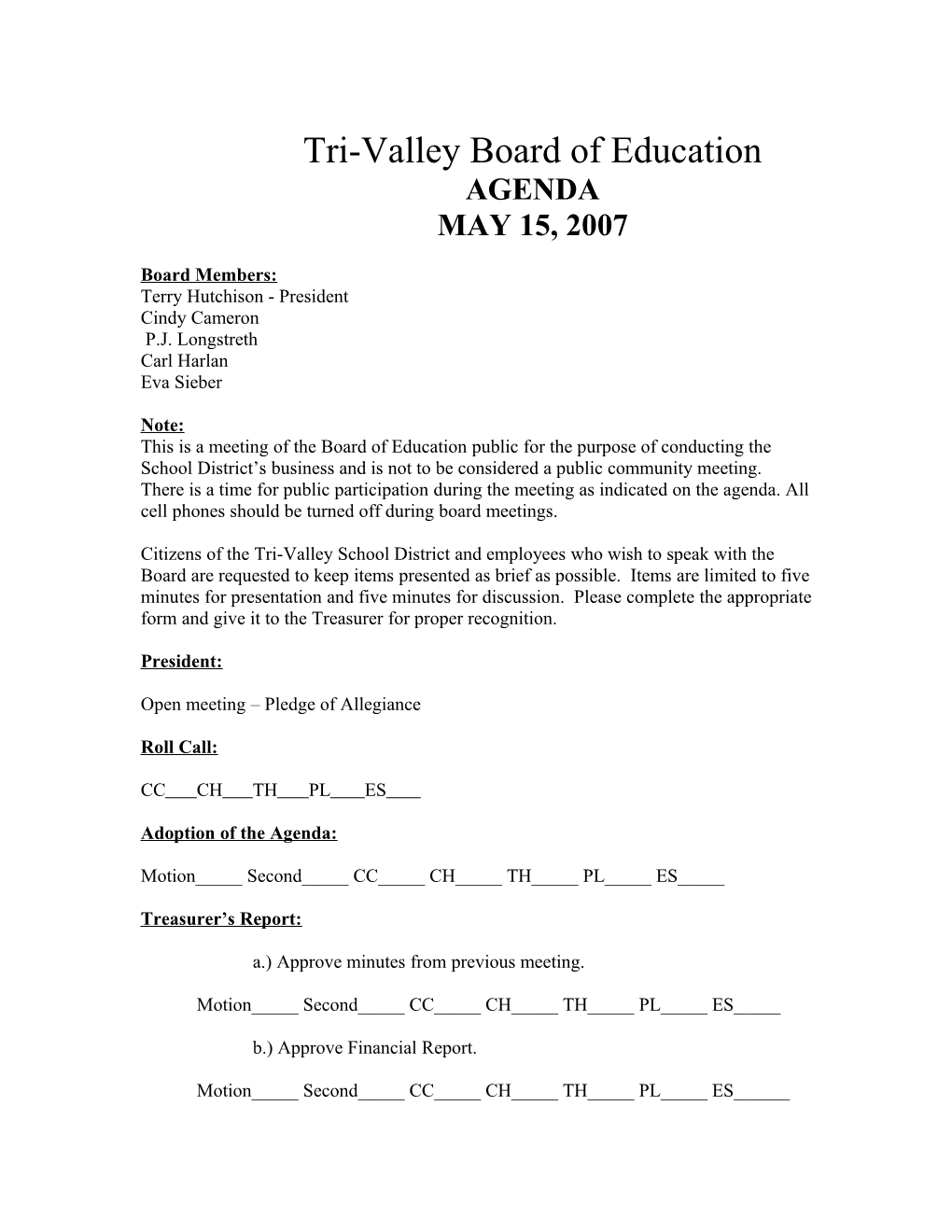 Tri-Valley Board of Education AGENDA