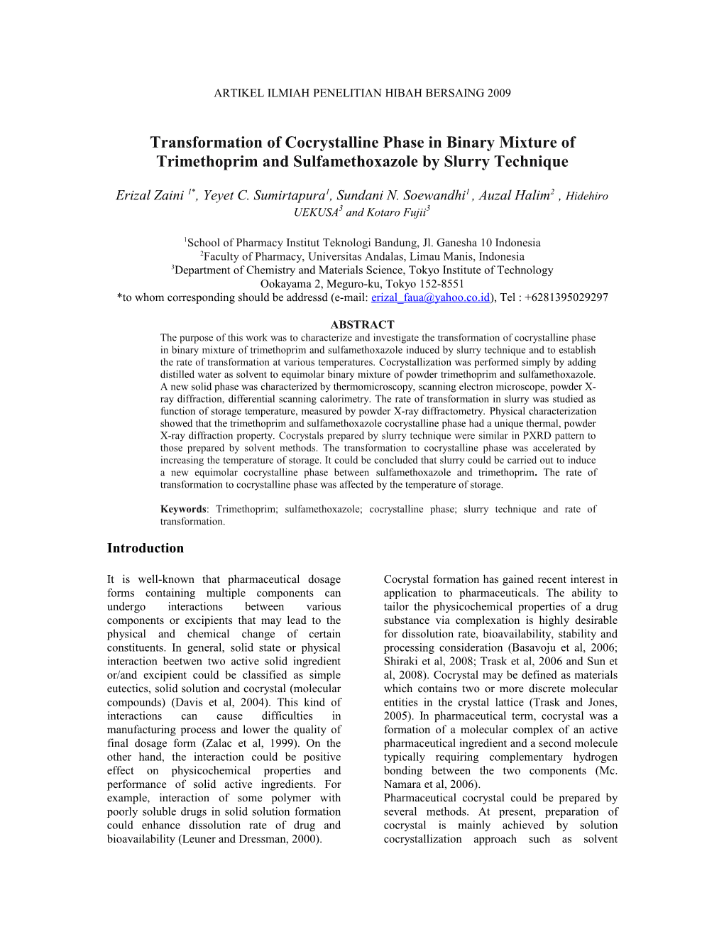 Transformation of Cocrystalline Phase in Binary Mixture of Trimethoprim and Sulfamethoxazole