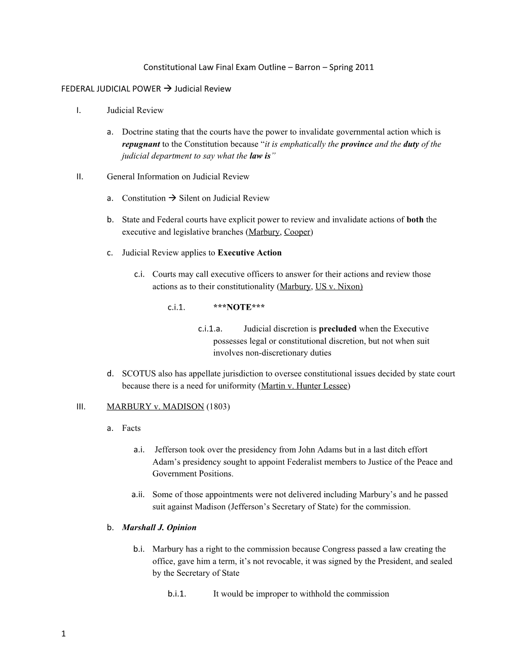 Constitutional Law Final Exam Outline Barron Spring 2011