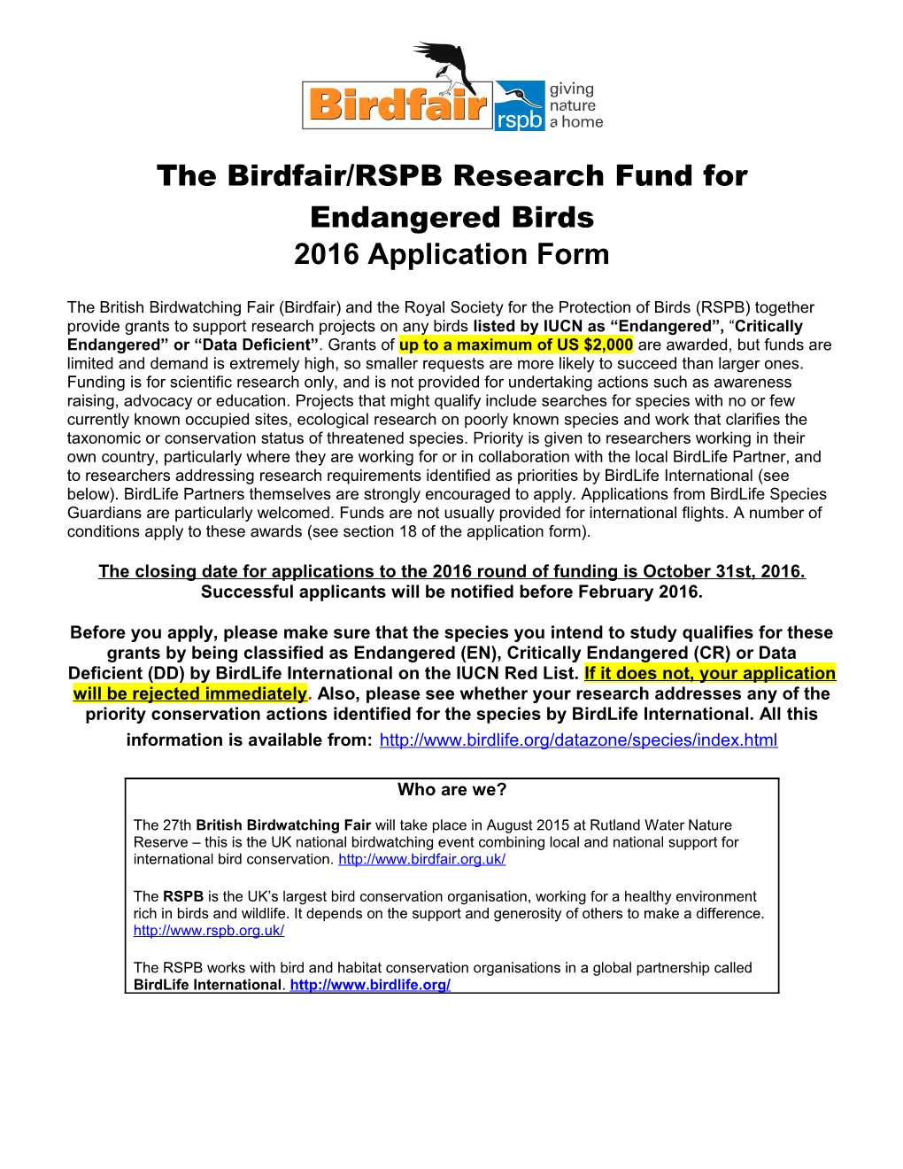 The RSPB/Birdfair Research Fund for Endangered Birds Logos