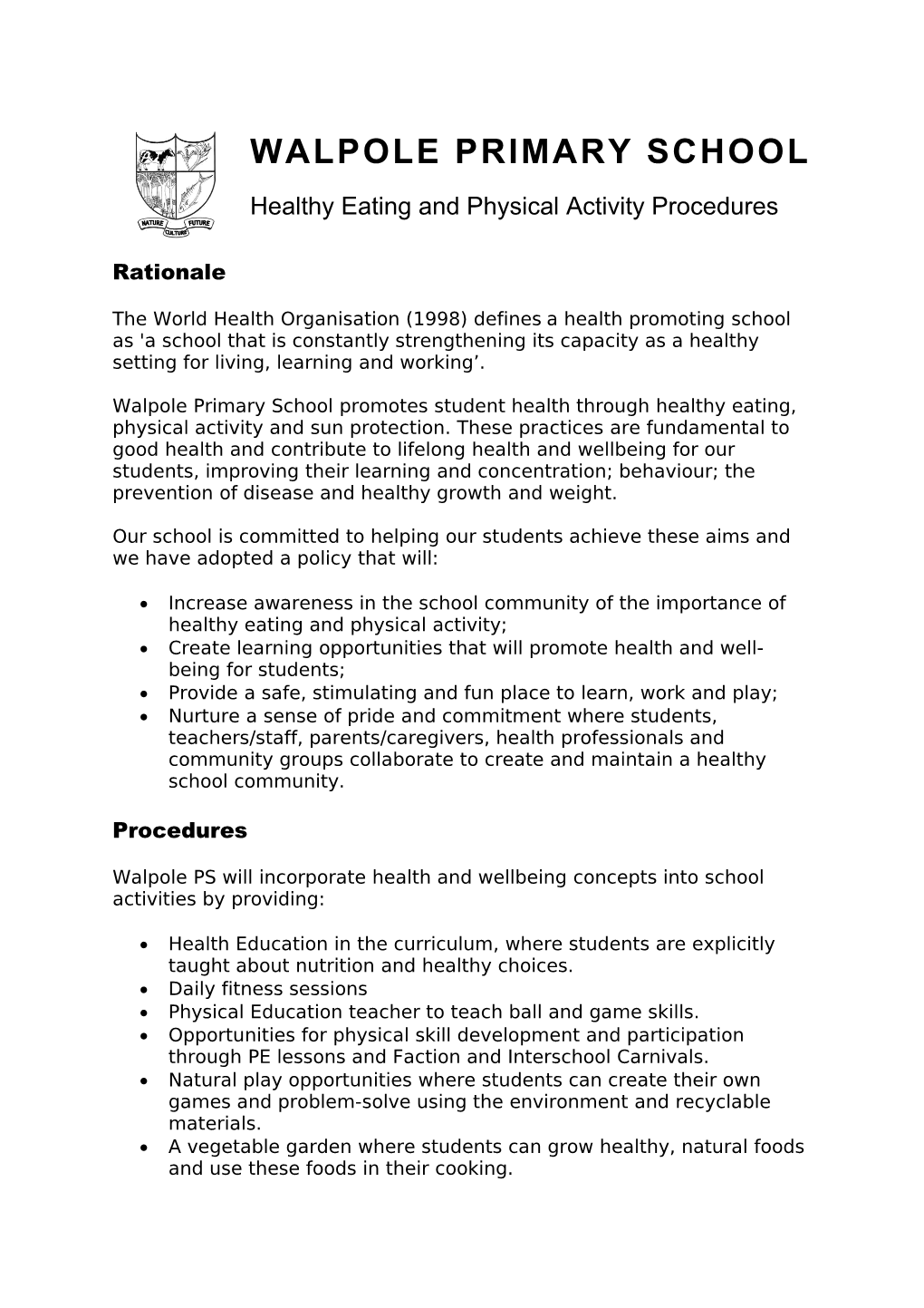 WALPOLE PRIMARY SCHOOL Healthy Eating and Physical Activity Procedures