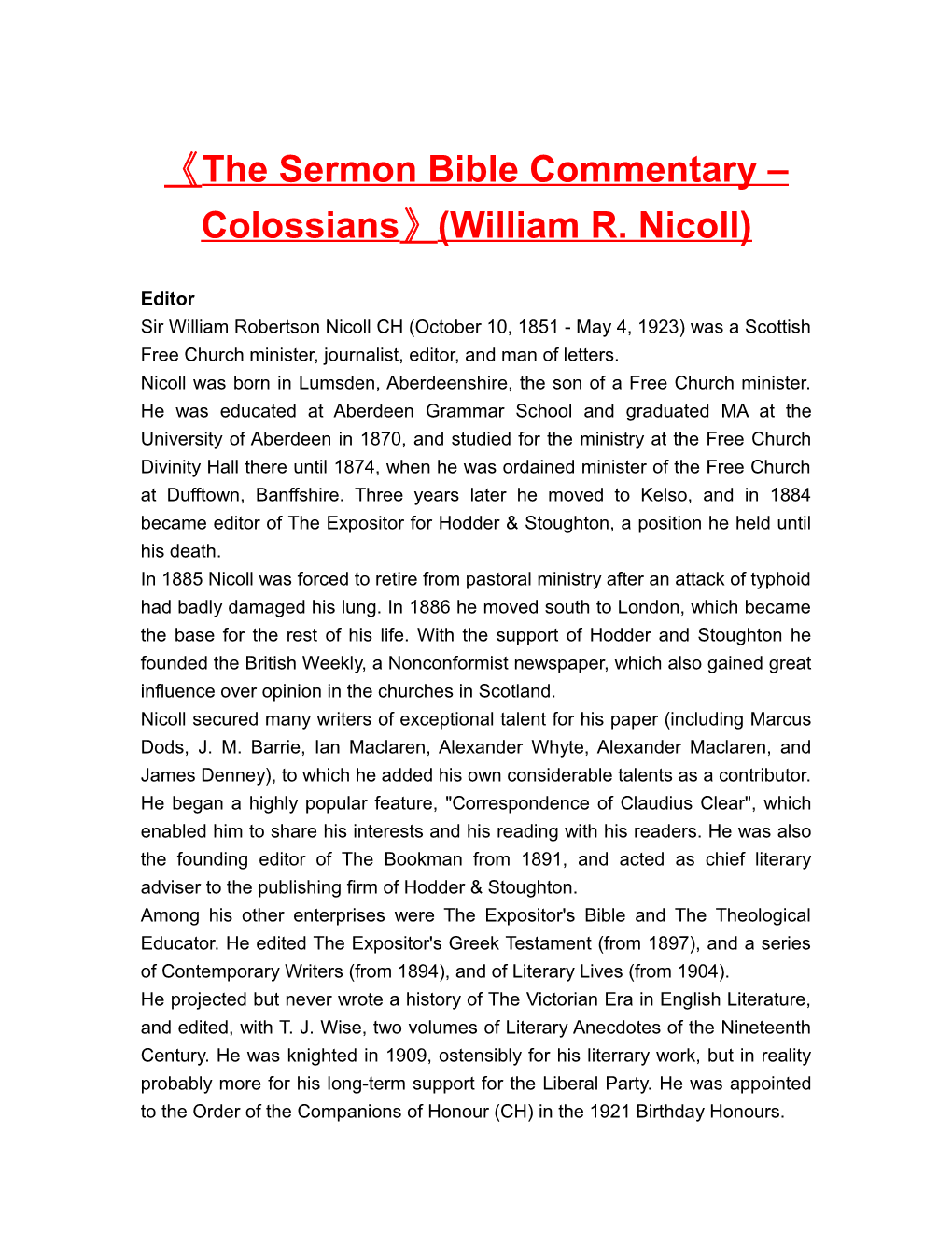 The Sermon Bible Commentary Colossians (William R. Nicoll)