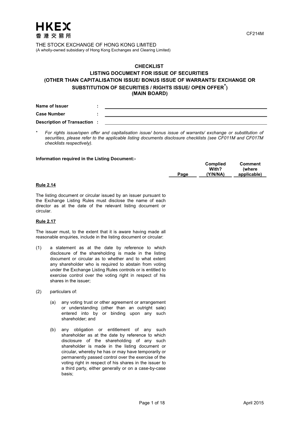 Checklist of Information to Be Included in Listing Document - Warrants